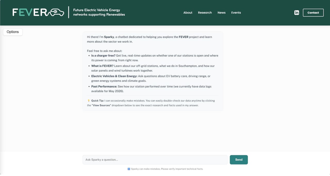 The FEVER chatbot, Sparky, welcoming a user and listing the kinds of questions it can answer
